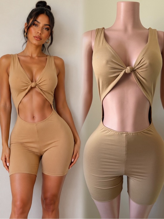 Pants - Knot Front Cutout Romper in Camel